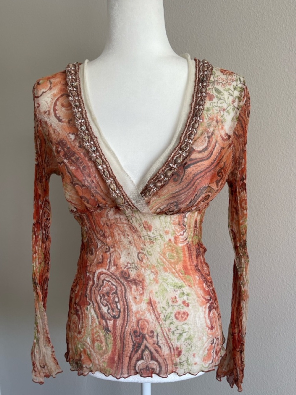 Karen Kane Women's Orange Paisley V-Neck Long Sleeve Blouse Size M